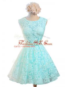 Aqua Blue Sleeveless Belt Knee Length Bridesmaid Gown