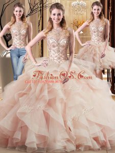 Lace Up Quinceanera Dresses Peach for Military Ball and Sweet 16 and Quinceanera with Beading and Ruffles Brush Train