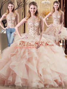 Lace Up Quinceanera Dresses Peach for Military Ball and Sweet 16 and Quinceanera with Beading and Ruffles Brush Train