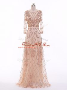 Peach Evening Wear Tulle Long Sleeves Beading