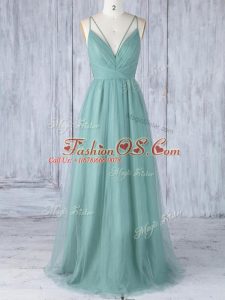 High End V-neck Sleeveless Criss Cross Bridesmaid Gown Green Tulle