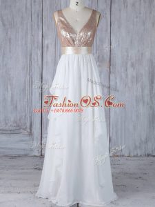 Sleeveless Chiffon Floor Length Backless Bridesmaid Dress in White with Ruffles and Sequins