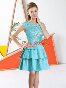 Aqua Blue A-line Taffeta Bateau Sleeveless Beading and Lace Knee Length Backless Quinceanera Court of Honor Dress