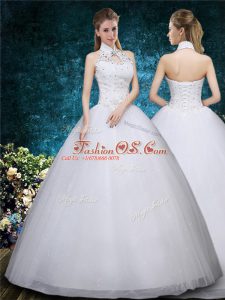Beauteous Ball Gowns Bridal Gown White High-neck Tulle Sleeveless Floor Length Lace Up