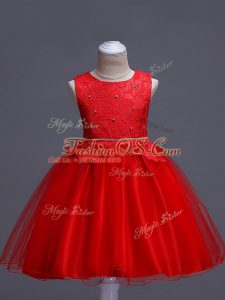 Red Zipper Scoop Lace Little Girl Pageant Dress Organza Sleeveless