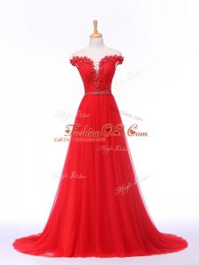 Red Sleeveless Tulle Brush Train Lace Up Womens Evening Dresses for Prom and Party and Military Ball and Sweet 16