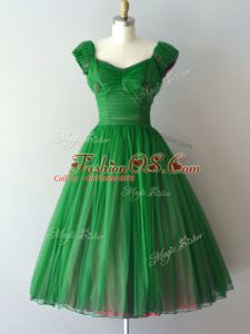 Glittering Chiffon Lace Up V-neck Short Sleeves Knee Length Bridesmaid Dress Ruching