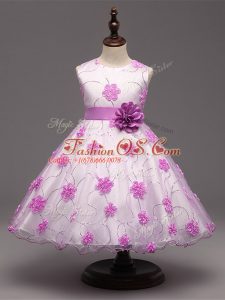 Trendy Sleeveless Knee Length Appliques Zipper Little Girl Pageant Dress with White