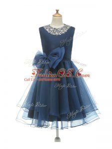 Latest Navy Blue Sleeveless Knee Length Beading and Bowknot Zipper Kids Pageant Dress
