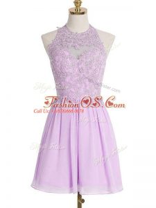 Exceptional Lavender Empire Halter Top Sleeveless Chiffon Knee Length Lace Up Appliques Bridesmaid Dresses