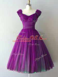 High End Cap Sleeves Knee Length Ruching Lace Up Wedding Party Dress with Purple