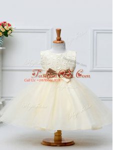 Unique Sleeveless Tulle Knee Length Zipper Kids Formal Wear in Champagne with Lace and Bowknot