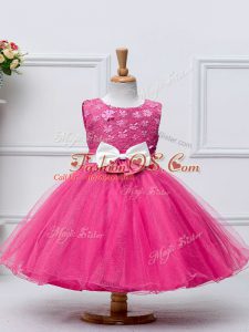 Scoop Sleeveless Child Pageant Dress Knee Length Lace and Bowknot Hot Pink Tulle