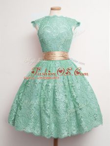 Comfortable Turquoise Square Lace Up Belt Quinceanera Court Dresses Cap Sleeves