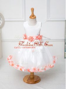 Admirable White Little Girls Pageant Dress Wedding Party with Appliques and Hand Made Flower Scoop Sleeveless Zipper