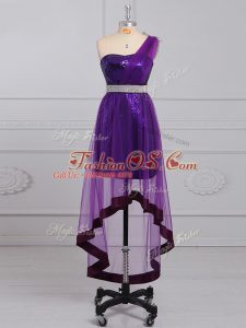 Graceful Purple Homecoming Dress Prom and Party and Sweet 16 with Beading One Shoulder Sleeveless Zipper