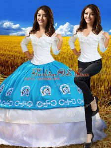 Fine Floor Length Blue And White Quinceanera Gown Off The Shoulder 3 4 Length Sleeve Lace Up