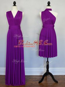 Purple Lace Up Halter Top Beading and Ruching Bridesmaid Dresses Chiffon Sleeveless