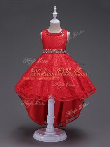 Sleeveless High Low Beading Lace Up Little Girls Pageant Gowns with Red