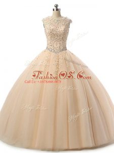Suitable Tulle Scoop Sleeveless Lace Up Beading and Lace Vestidos de Quinceanera in Champagne