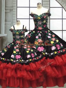 Fantastic Red And Black Ball Gowns Organza and Taffeta Off The Shoulder Sleeveless Embroidery and Ruffled Layers Floor Length Lace Up 15 Quinceanera Dress