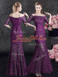 Pretty Mermaid Off the Shoulder Floor Length Lace Up Mother Of The Bride Dress Purple for Prom and Party with Lace