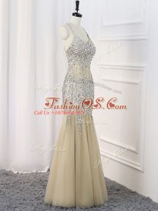 Classical Sleeveless Tulle Floor Length Criss Cross Dress for Prom in Champagne with Beading