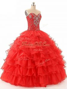 Excellent Sweetheart Sleeveless Lace Up 15th Birthday Dress Red Organza