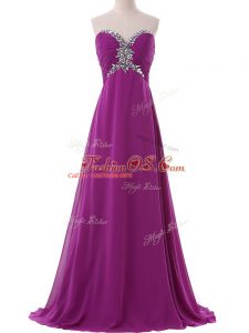Eggplant Purple Chiffon Lace Up Sweetheart Sleeveless Prom Party Dress Brush Train Beading and Ruching