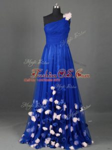 On Sale Royal Blue One Shoulder Side Zipper Beading and Hand Made Flower Prom Dresses Sleeveless