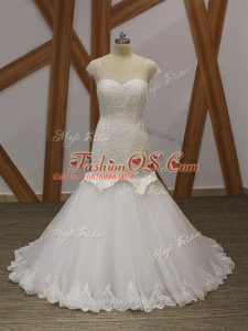 Hot Sale Scoop Cap Sleeves Wedding Gowns Brush Train Beading and Appliques White Tulle