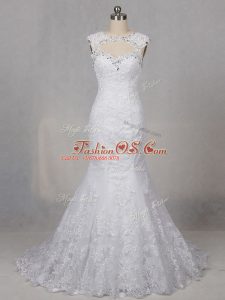 Charming Scoop Sleeveless Tulle Wedding Gowns Beading and Lace Brush Train Backless