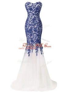 Blue And White Tulle Lace Up Going Out Dresses Sleeveless Brush Train Lace and Appliques