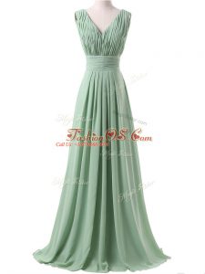 Elegant V-neck Sleeveless Lace Up Wedding Guest Dresses Apple Green Chiffon