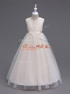 Elegant Champagne Tulle Zipper Little Girls Pageant Dress Sleeveless Floor Length Lace