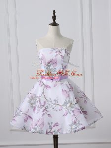 White Sleeveless Mini Length Belt Lace Up Prom Dress
