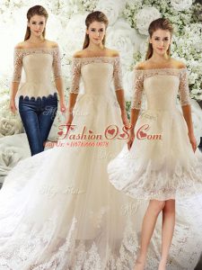 White Tulle Clasp Handle Off The Shoulder Half Sleeves Wedding Gown Court Train Lace