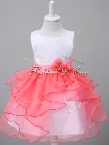 Hot Sale White And Red Ball Gowns Scoop Sleeveless Organza Knee Length Zipper Ruffles and Bowknot Girls Pageant Dresses