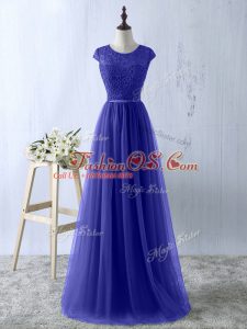 Tulle Scoop Short Sleeves Zipper Lace Prom Dress in Blue