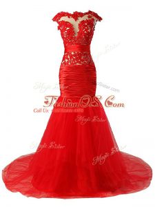 Sexy Red Mermaid Tulle Scoop Cap Sleeves Lace and Appliques and Ruching Zipper Prom Party Dress Brush Train