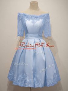 Off The Shoulder Half Sleeves Lace Up Bridesmaids Dress Light Blue Taffeta