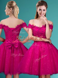 Best Fuchsia A-line Off The Shoulder Cap Sleeves Tulle Knee Length Lace Up Lace and Belt Bridesmaid Dress