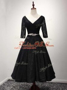 New Arrival Black Lace Lace Up Prom Dress Half Sleeves Ankle Length Lace and Belt