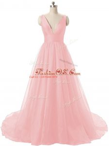 Simple Baby Pink V-neck Neckline Ruching Prom Dress Sleeveless Zipper