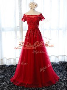 Custom Design Wine Red A-line Beading and Lace and Appliques Homecoming Dresses Lace Up Tulle Short Sleeves Floor Length