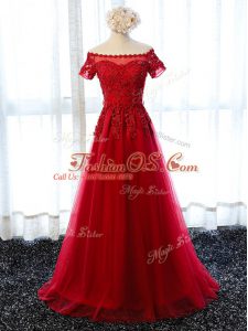 Custom Design Wine Red A-line Beading and Lace and Appliques Homecoming Dresses Lace Up Tulle Short Sleeves Floor Length