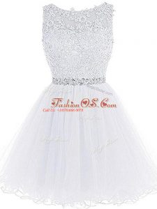 White A-line Beading and Lace and Appliques Prom Party Dress Zipper Tulle Sleeveless Mini Length