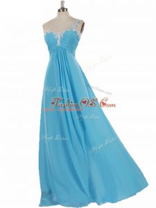 Edgy Aqua Blue Empire One Shoulder Sleeveless Chiffon Floor Length Zipper Appliques Quinceanera Court Dresses