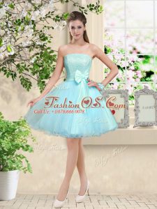 Flirting Aqua Blue Off The Shoulder Lace Up Lace and Belt Dama Dress Sleeveless