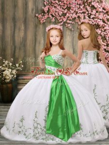 Gorgeous White Ball Gowns Straps Sleeveless Organza Floor Length Lace Up Embroidery and Belt Little Girl Pageant Gowns